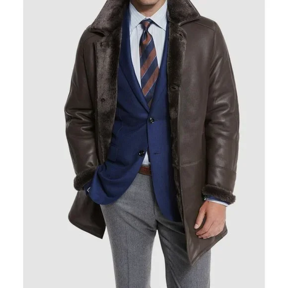 $2495 Gallotti Mens Brown Leather Shearling Fur-Lined Jacket Coat-Eu 54 US 44 - Picture 8 of 10